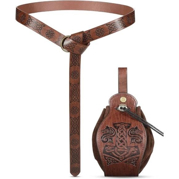2 Pcs Medieval Viking Belt Leather Belt Pouch Renaissance Leather Belt Medieval - Picture 1 of 6